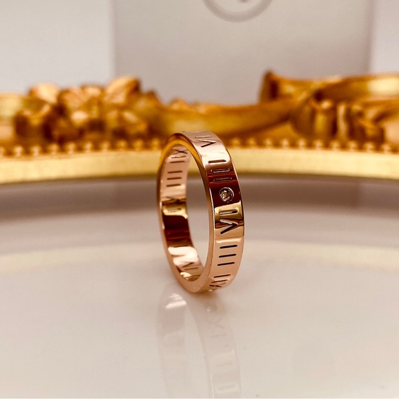 18K Rose Gold Titanium Steel Roman Numerals CZ Band Ring - Picture 2 of 4